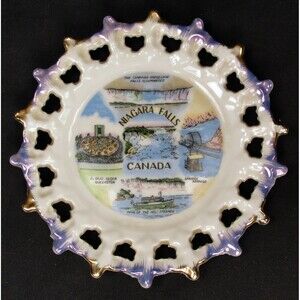Vintage Niagara Falls Canada Souvenir Plate Reticulated Iridescent Gold Trim